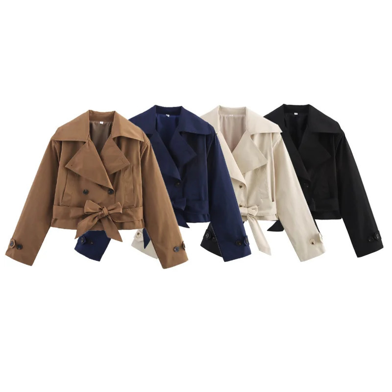 ETJ womens British wind trench coat style doublebreasted long sleeve belt lapel jacket short 251020