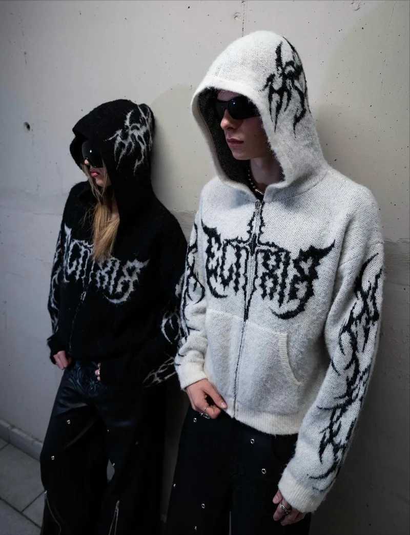 New Y2K trendy fashion bramble pattern hoodie European American high street rock casual punk black white couple hoodie W251020
