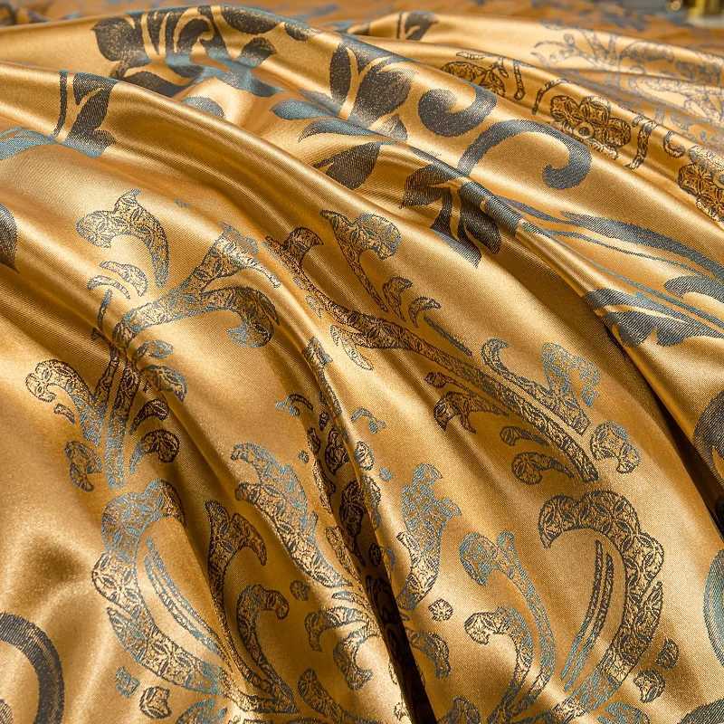 Luxury Euro Gold Satin Jacquard Lace Bedding Set Soft Silky Single Queen King Double Duvet Cover Set Bed Sheet Set PillowcasesXJ251015