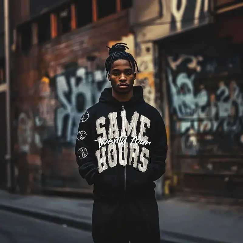 Lettering Embroidered Crew Neck Hoodie Same Hours Pattern Sweatshirt Harajuku Goth Style Unisex Streetwear W251020