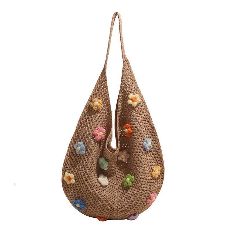 Women Flower Knitted Shoulder Bag Hollow Out Handbag Large Capacity Handwoven Hobo Bag Casual Top Handle Bag Outdoor Travel BagT251020