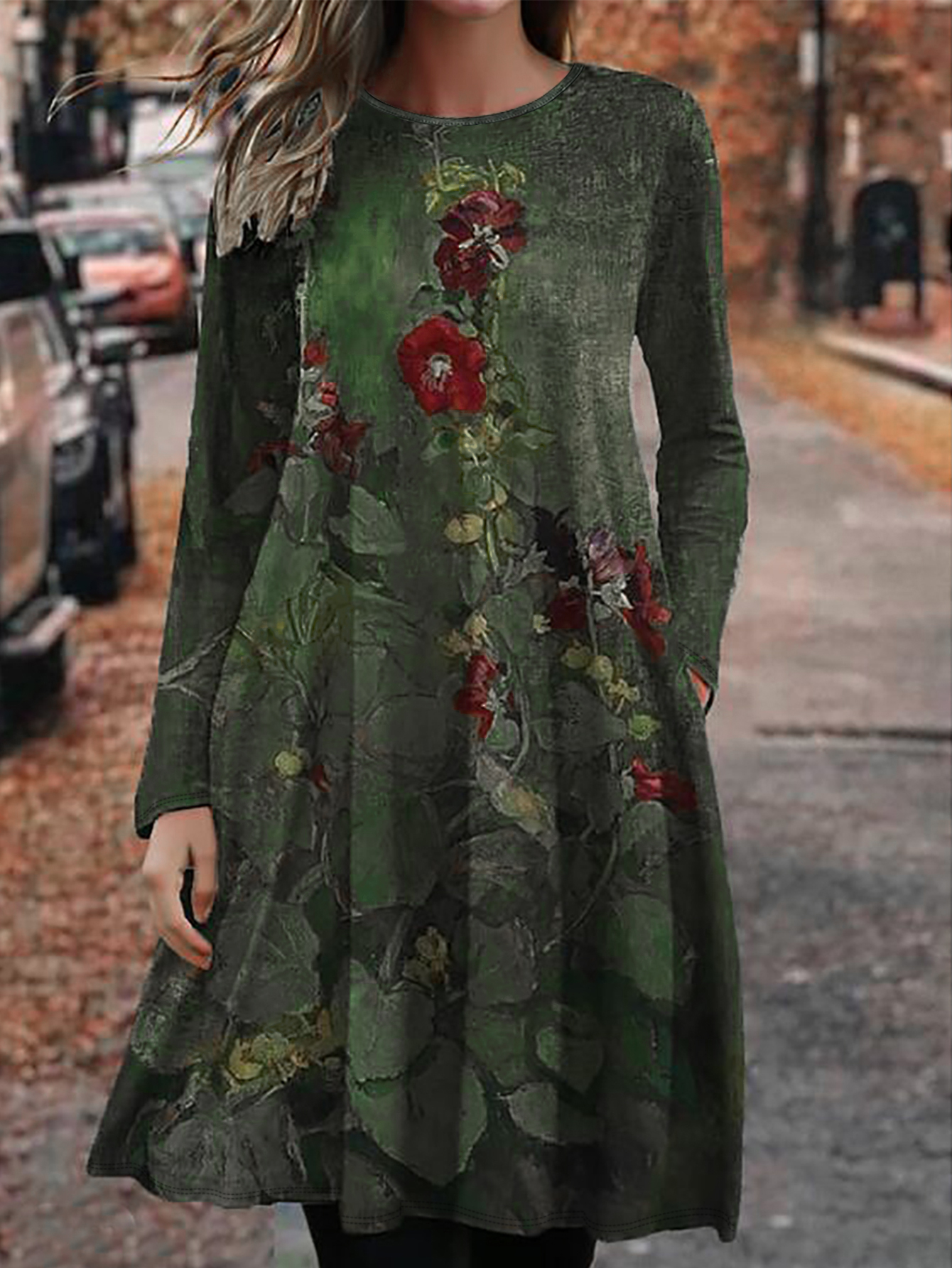 Women's Autumn & Winter New Floral Printed Dress, Elegant Versatile Milk Silk Midi Dress-CF40383