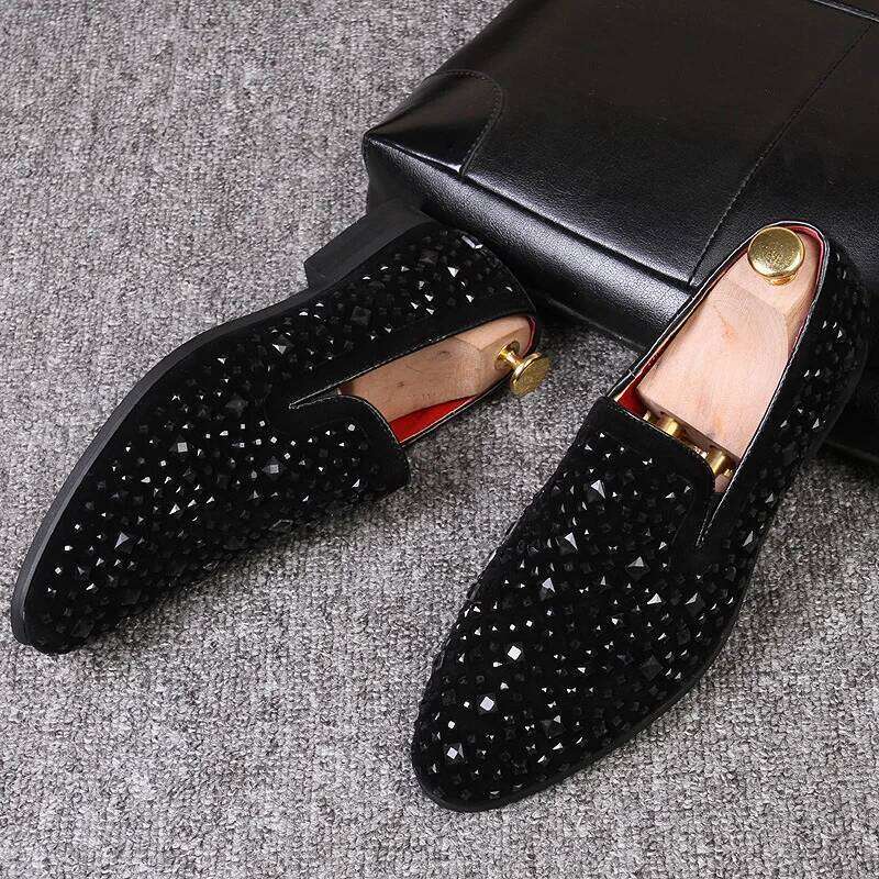 Loafers Genuine Leather Casual Fashion Mens Rhinestone Driving Shoes Man Flats Dress Wedding Slip-on Club Shoe