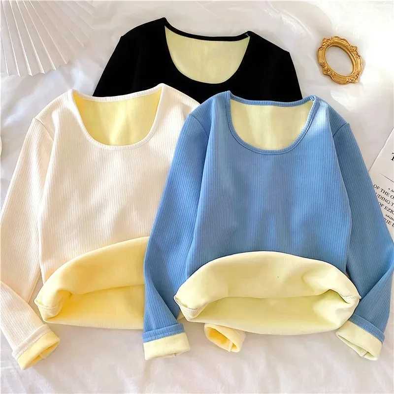Winter Thick Velvet Soft Thermal Top Allinone Fleece Warm Slim Womens Tees Shirt Long Sleeve Skinny Top Underwear PulloversT251020