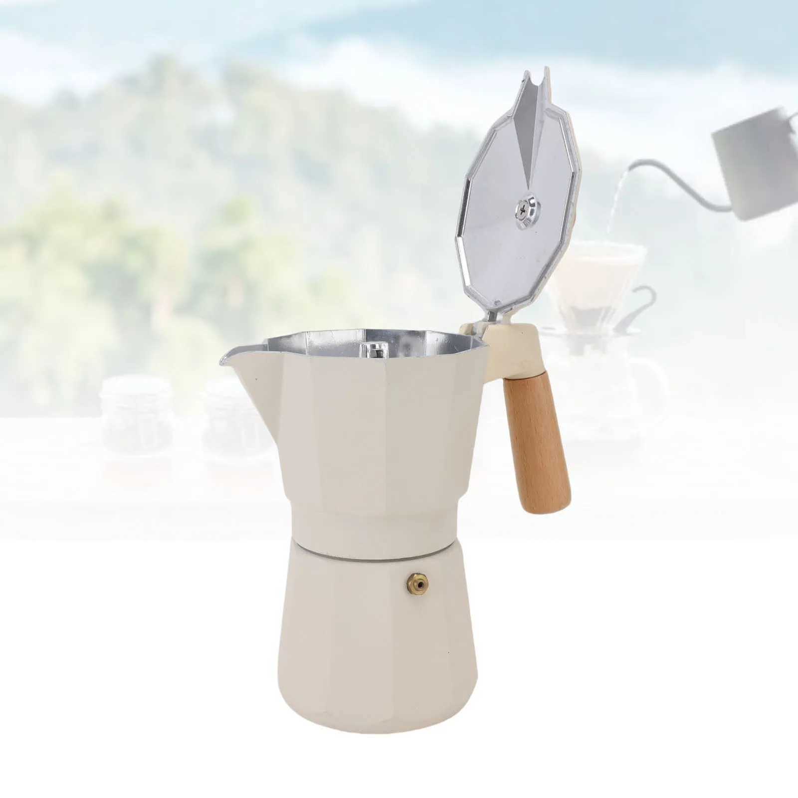 Stovetop Coffee Pot n Heat Distribution White Wooden Handle 300ML Single Valve Mocha Coffee Pot 6 Cup for Camping Stoves Y251020