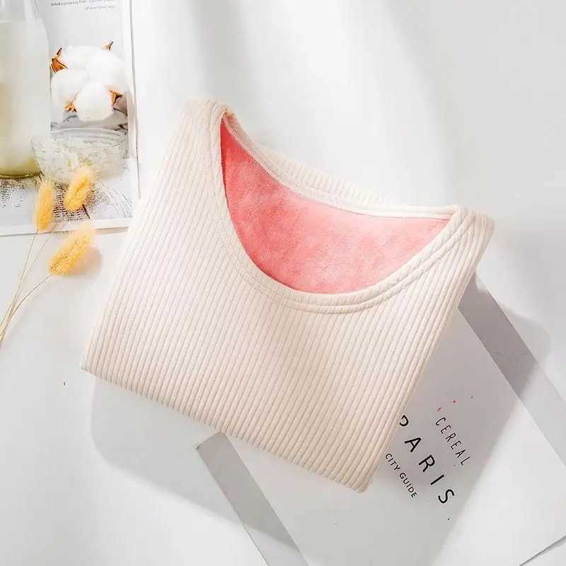 Womens Winter New Self Heating Round Neck Slim Fit Versatile Top Underlay with Plush Thickened Thermal UnderwearT251020