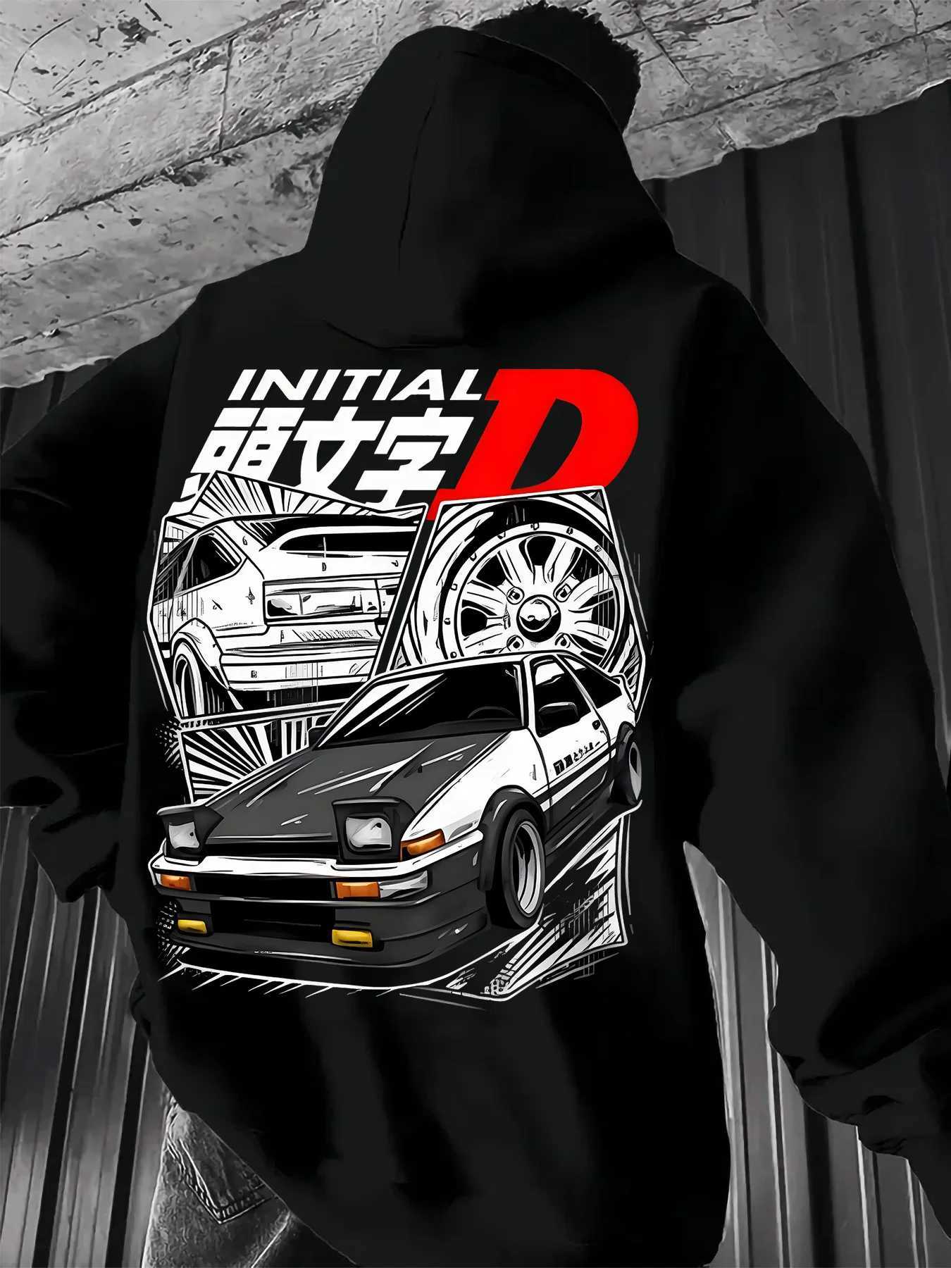 Black Hooded Sweatshirt Featuring Initial D with Iconic JDM Car Illustration Mens Anime Pullover W251020