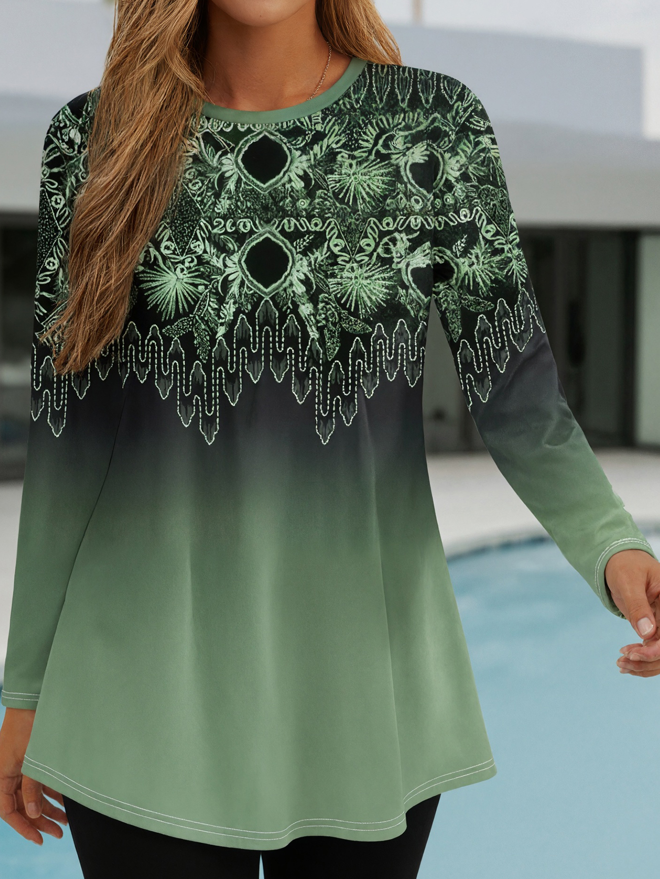 Women's Autumn & Winter Retro Ethnic Style Gradient Floral Printed Crew Neck Top, Casual Daily Wear Milk Silk Blouse-CF55338