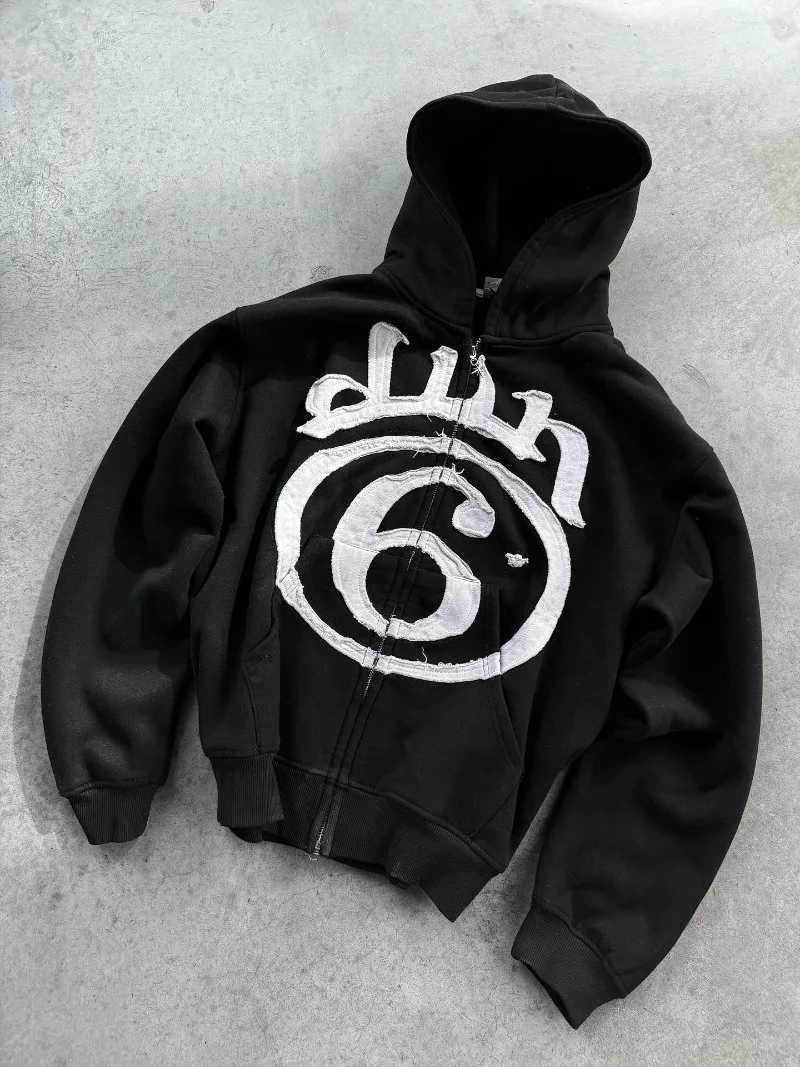 Y2K Clothing New Fashion Letter Embroidery Patch Zipper Hooded Sweater Men Gothic Harajuku Hip Hop Popular Casual Sweatshirt W251020