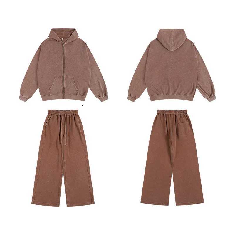 Washed and aged sweatshirt loose hoodie for young couples roundneck jacket zipup sweatshirt mens suit set W251020