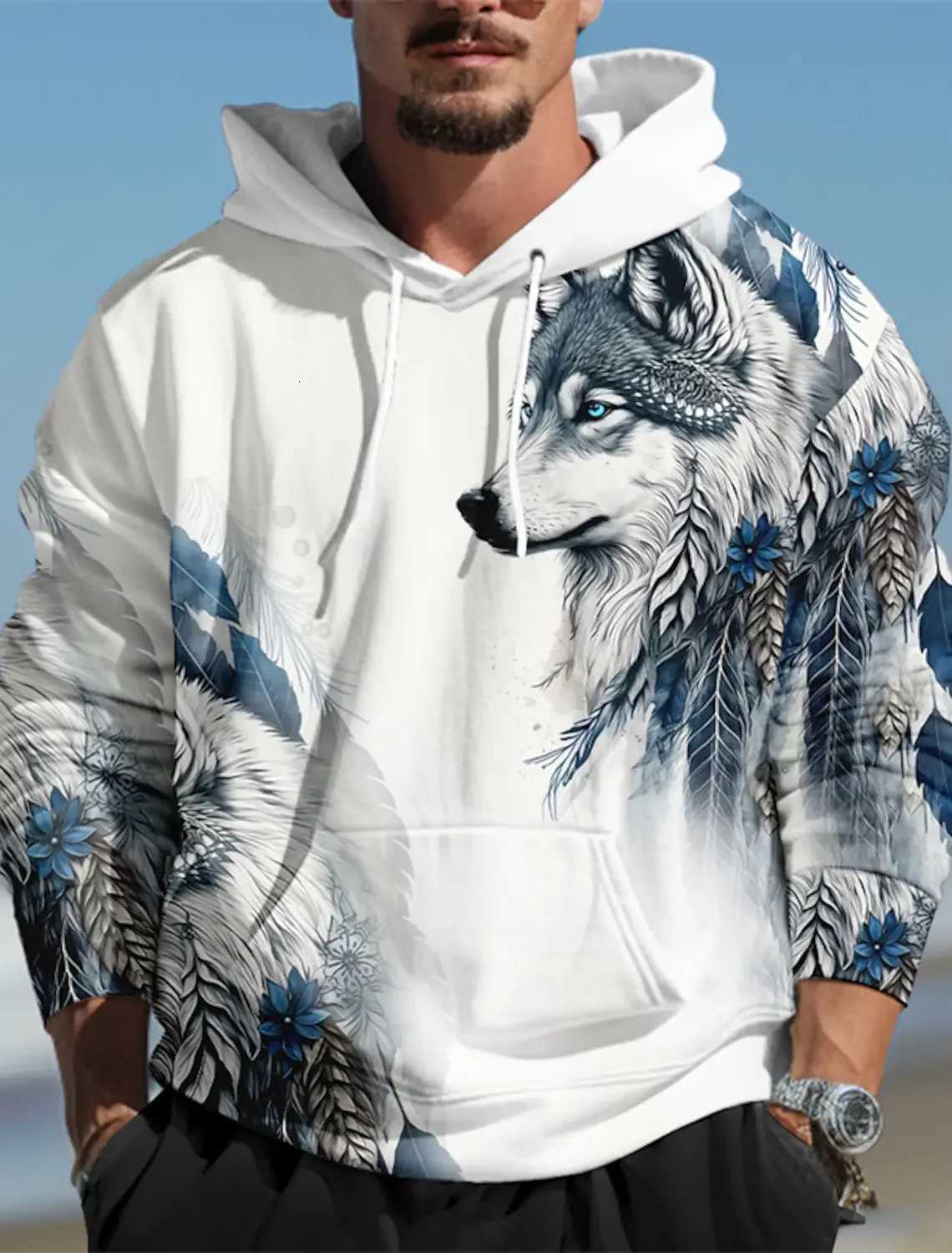 Wolf Graphic Mens 3D Print Pullover Streetwear Hoodies Dark Green Long Sleeve Hooded Spring Fall Designer Top W251020