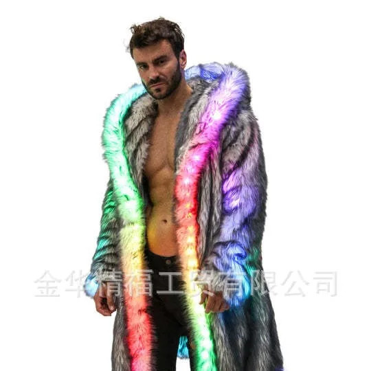 Faux Fur Coat Men Hooded Outerwear Comfortable Thick Winter Warm Long Jacket LED Stage Dance Party Cosplay Costume Overcoat 251018