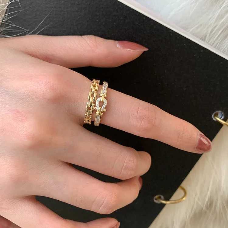 14K gold plated 2023 Korean new fashion jewelry doublelayer zircon cross ring elegant womens opening daily work accessories J251020