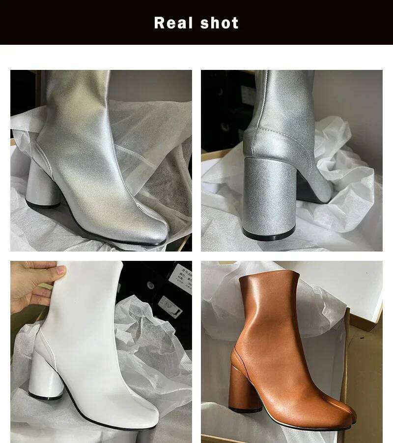 Brand Designer Tabi Split-toe Ankle Women Genuine Leather Chunky High Heel Short Boots 2025 Spring Autumn Shoes
