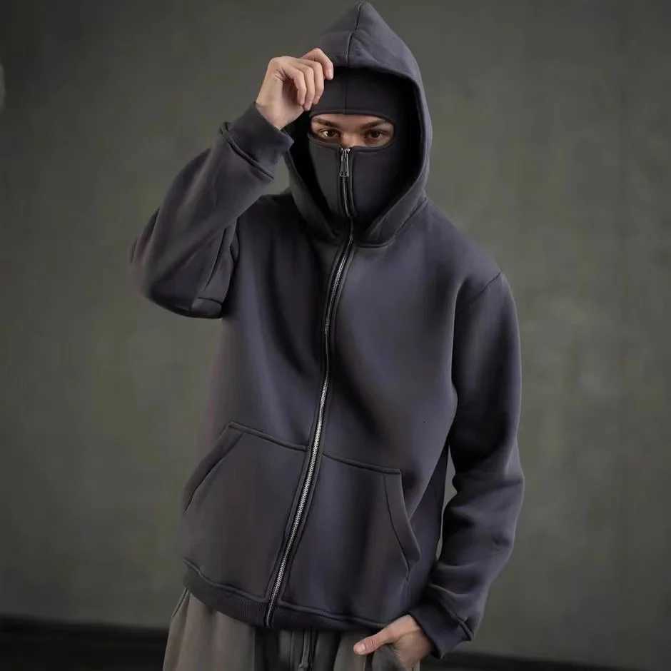Balaclava Men Zip Hoodie Winter Warm Casual Sweatshirt Y2K with Hooded Face Mask Zipper Design Sports Jacket Outdoor Activities W251020