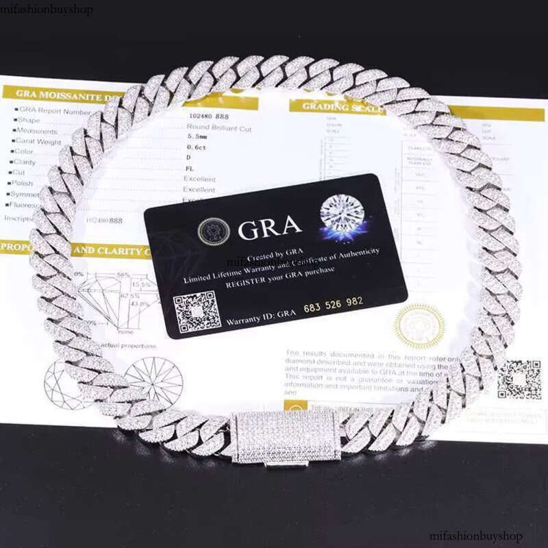 Yu Ying 15mm Width Shine Necklace Ice Out Moissanite Dia Solid Sier Cuban Link Chain for Hip Hop Jewelry