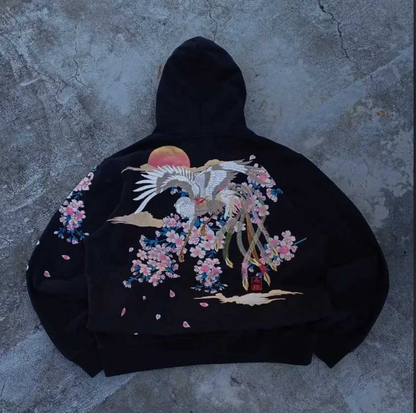 Harajuku Crane Flower Graphics Oversize Black Zipper Hoodie Mens and Womens Y2K New Gothic Fashion Casual Retro Street Wear W251020
