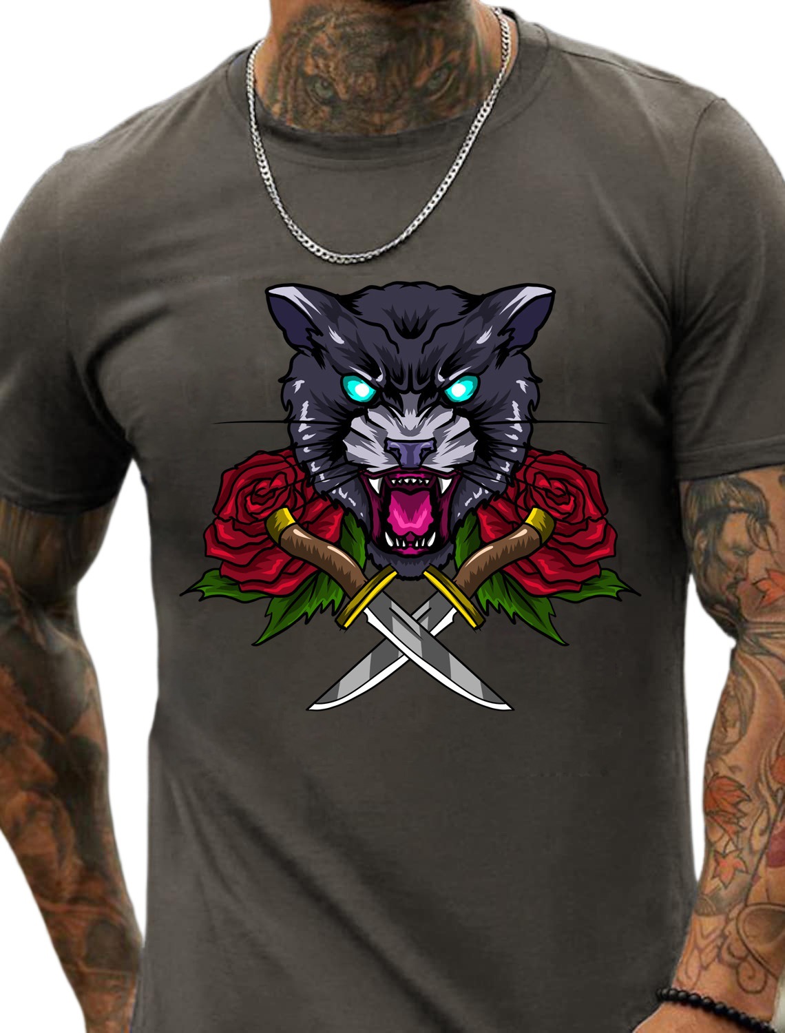 European and American Oversized Animal Print Leopard Head Rose Floral Men's Cotton Summer T-Shirt - TT7060