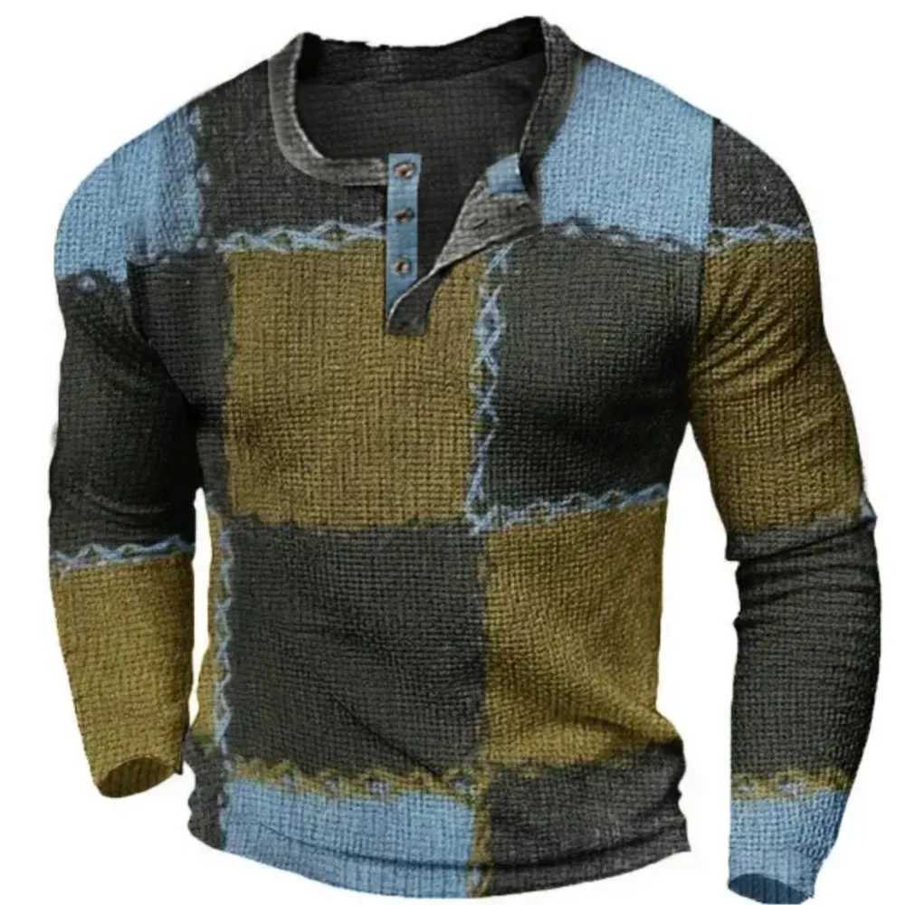 Henry Shirts Patchwork Plaid 3D Rags Print Pattern New Mens Long Sleeved Tshirt With Mens Clothing Spring Autumn Sizes S 5XLXJ251020
