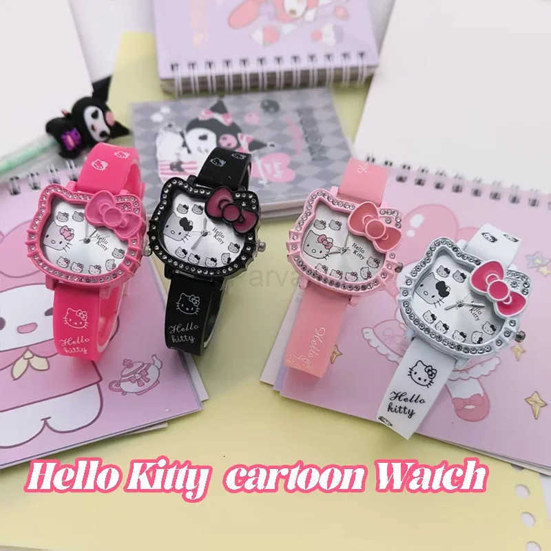 Sanrio 2025 New Hello Kitty Digital Quartz Watch Set Cat Head Cartoon Fashion Love Dial Leather Strap Children Clock Girl Birthday Gift L251020
