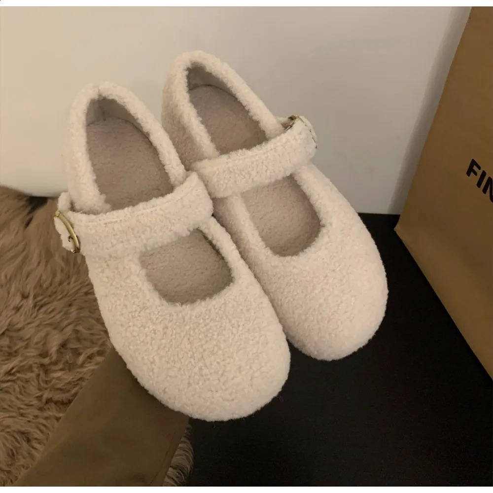 Fashion Square Toe Fleece Flet Ballet Flats Woman Winter Warm Wool Mary Jane Shoes Ladies Elegant Plush Loafers 251013