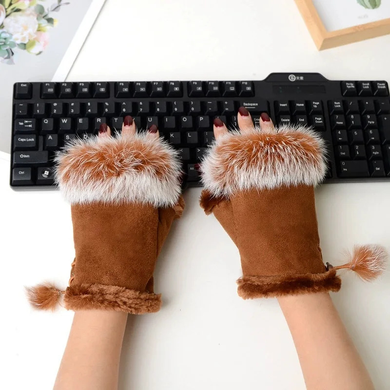 Winter Womens Faux Rabbit Fur Fingerless Mittens Wrist Gloves Faux Leather Warm Cozy Touch for Cold Weather 251020