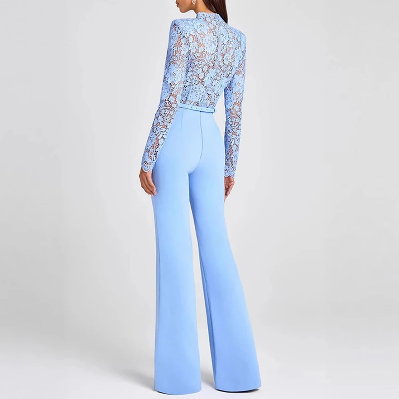 Jacquard Lace Highwaisted Women Jumpsuit Embroidery Crochet Office Straight Playsuit Sexy See Through Hollow Flare Pants Romper 251016