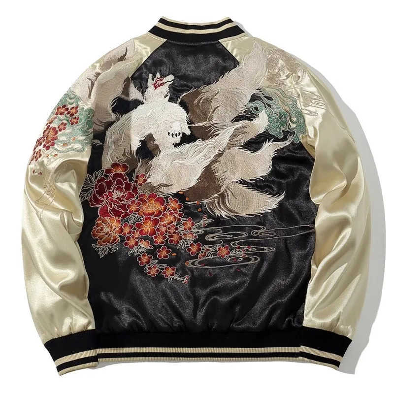 New Men High Street Sukajan Souvenir Jacket Nine Tailed Fox Peony Embroidered Pilot Bomber Letterman Varsity Award Vintage T251020