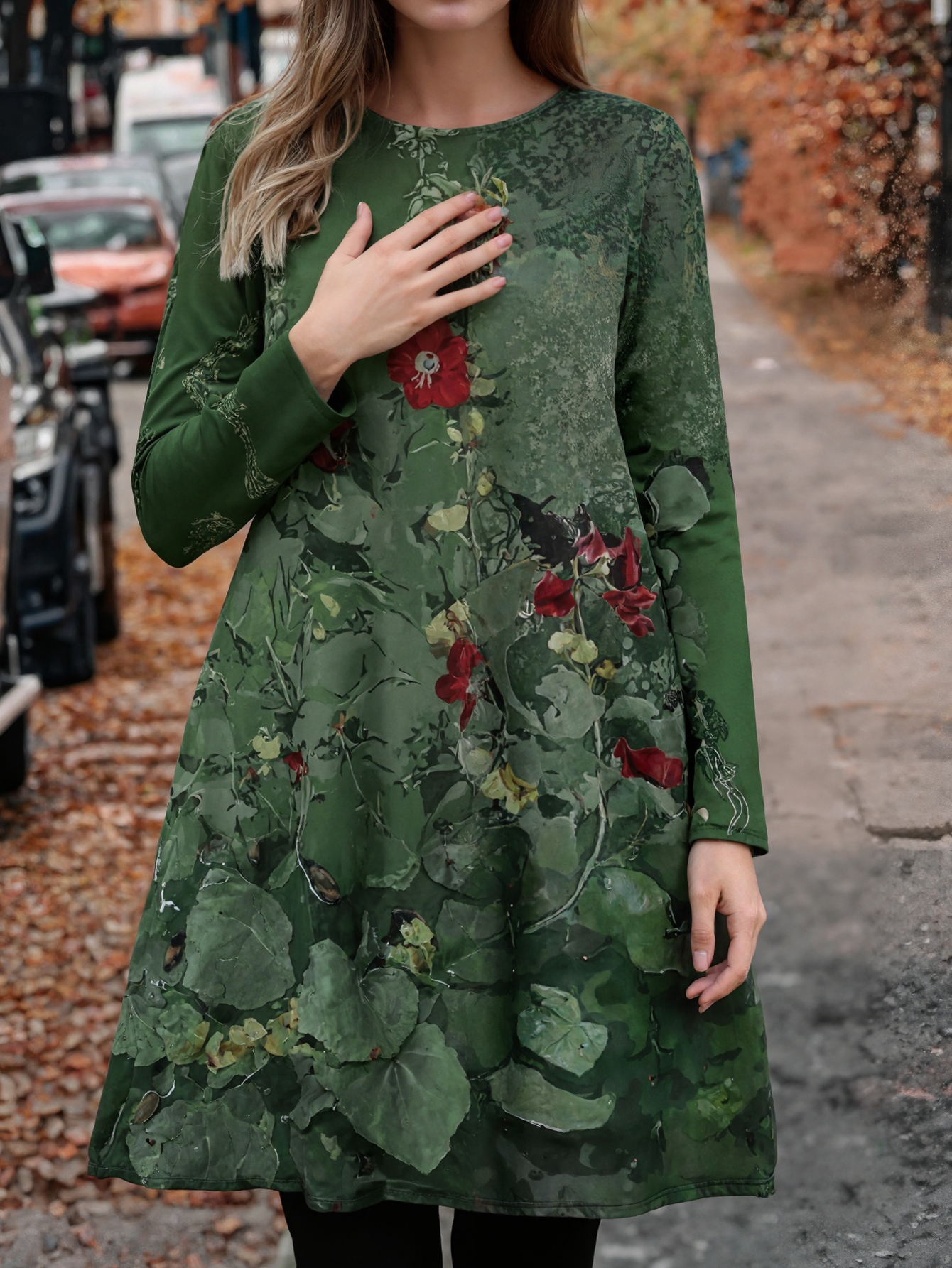 Women's Autumn & Winter New Floral Printed Dress, Elegant Versatile Milk Silk Midi Dress-CF40383