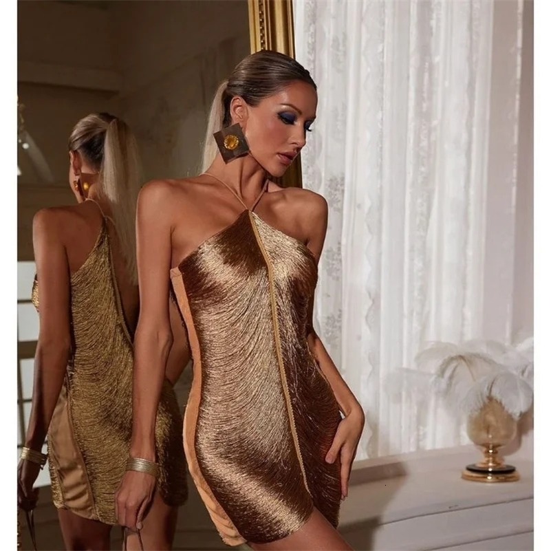 Fringe Vneck Halterneck Vestidos Women Elegant Cut Out Short Dress Fashion Patchwork Asymmetric Tassel Decor Dresses 251018