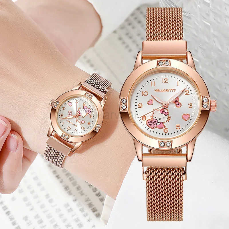 Sanrio Hello Kitty Diamond Womens Watches Cat Bow Kawaii Pink Ladies Gold Sliver Metal Jewelry Cartoon Magnetic Watch Girls L251020
