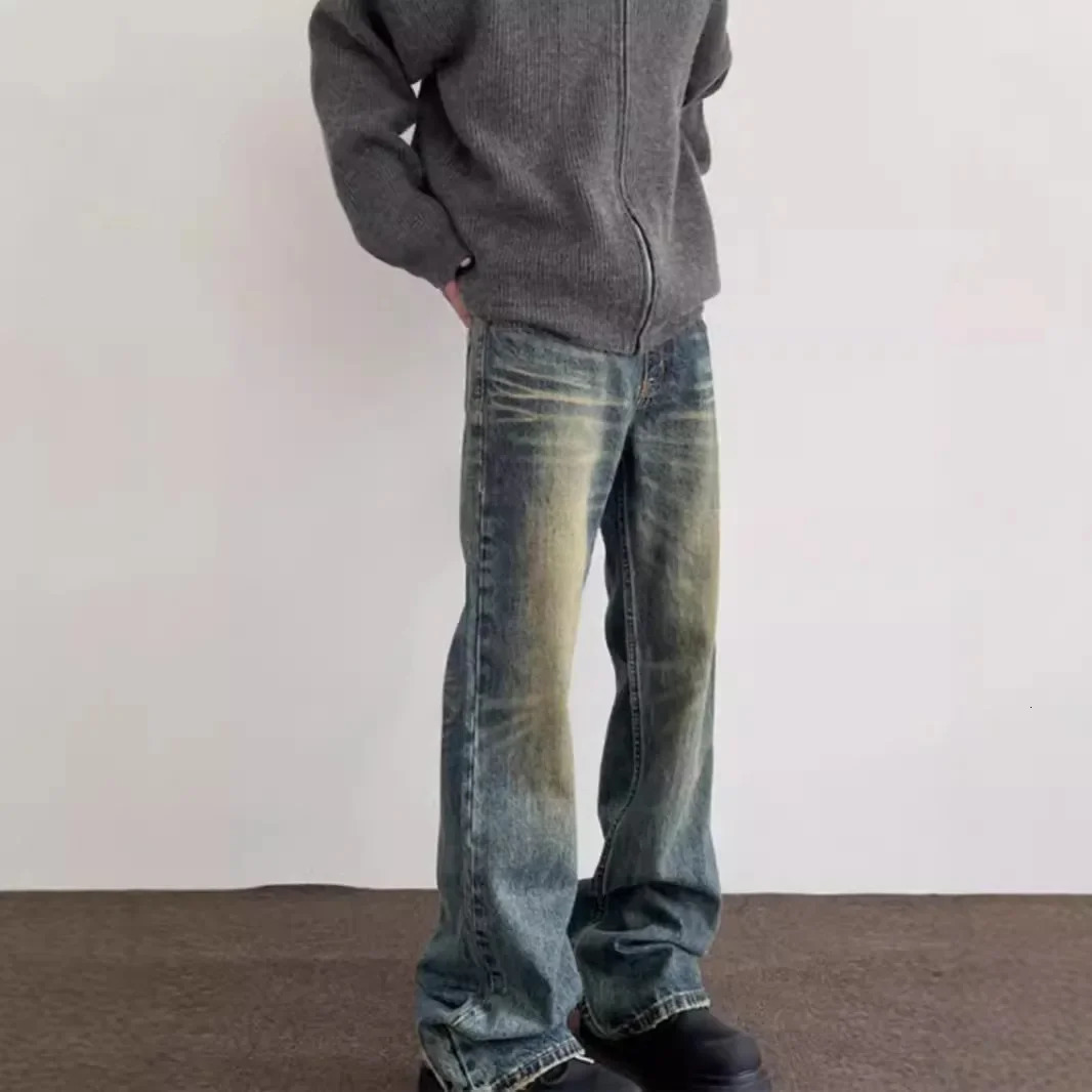 Vintage American Style Mens StraightLeg Slimming Long Jeans Distressed Washing Denim Pants Trendy Bootcut 251009