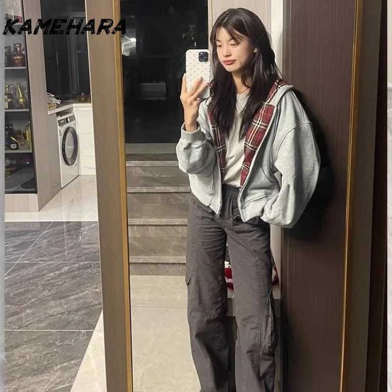KAMEHARA Y2K Korean Street Retro Doublesided Plaid Loose Zipper Hoodie Harajuku Hiphop Gothic Couple Casual Simple Sweatshirt W251020