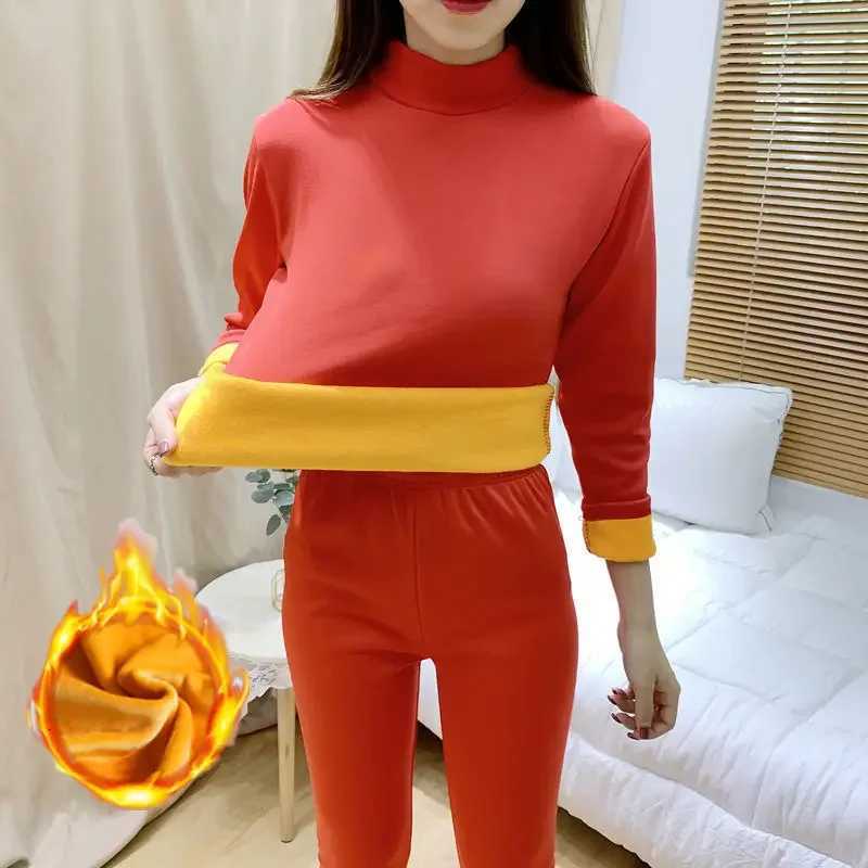 Thermal Underwear Suit Womens Highneck Thickened Plus Velvet Winter Inner Wear Suit Semihighneck Bottoming ShirttrousersT251020