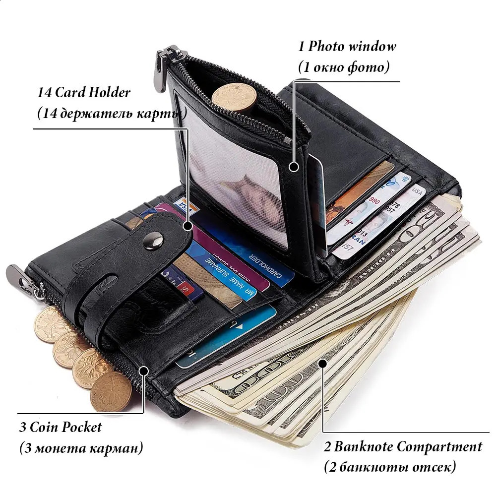 HUMERPAUL100 Genuine Cowhide Leather Wallet For Men Short RFID Money Purse Card Holder Double Zipper Bifold Coin Pocket 251023ww