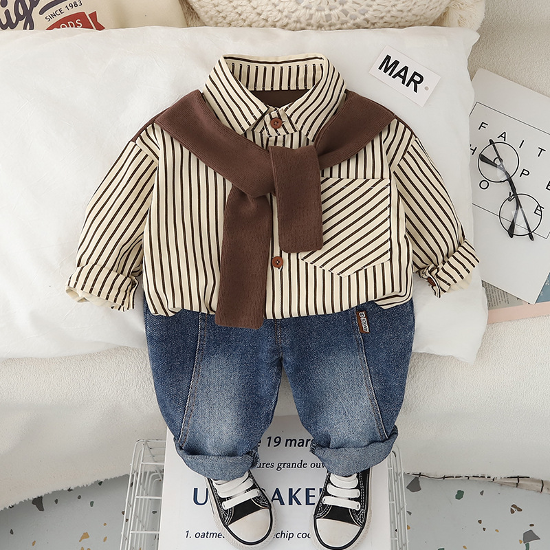 2025 New Hot Selling Baby Clothes Spring and Autumn Scarf Shirt Set for Boys' Western Style Children's 1-Year Old Boys' Baby Autumn Clo