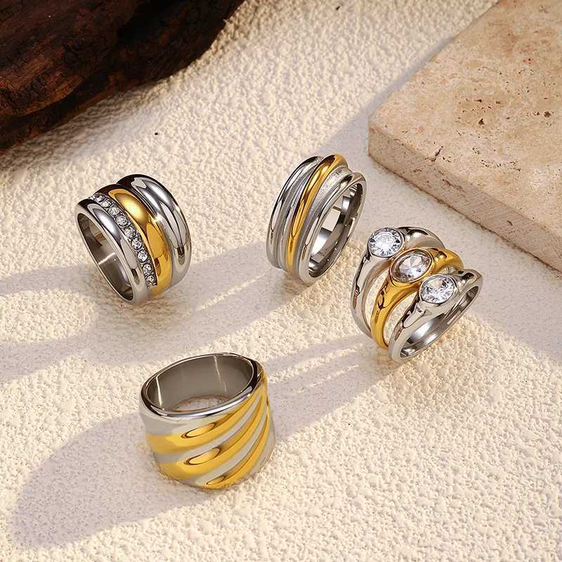 European American New WideFace Bold Ring Irregular GoldSilver Cross TwoTone Stainless Steel Jewelry Womens Party Statem J251020