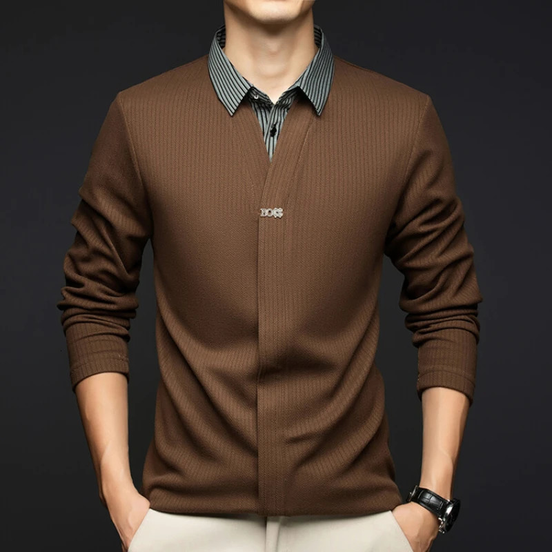 Mens FallWinter Long Sleeve TopKnit Sweater with Woven Shirt Collar and Knit Body Blouse Tshirt 251015