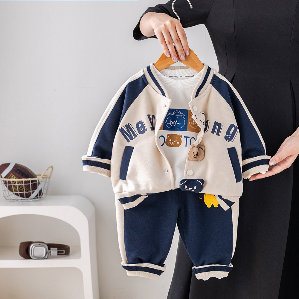 2025 New Hot Selling Baby Children's Clothing Spring and Autumn Sports Clothes, Stylish Boys' Three Bears Baseball Jacket Set, Free Shipping