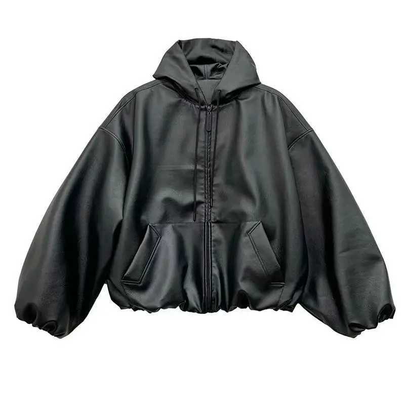 American Retro Black Gothic Hooded Leather Jacket For Men And Women Korean Fashion New Trend Simple Windproof Motorcycle Coats J251117