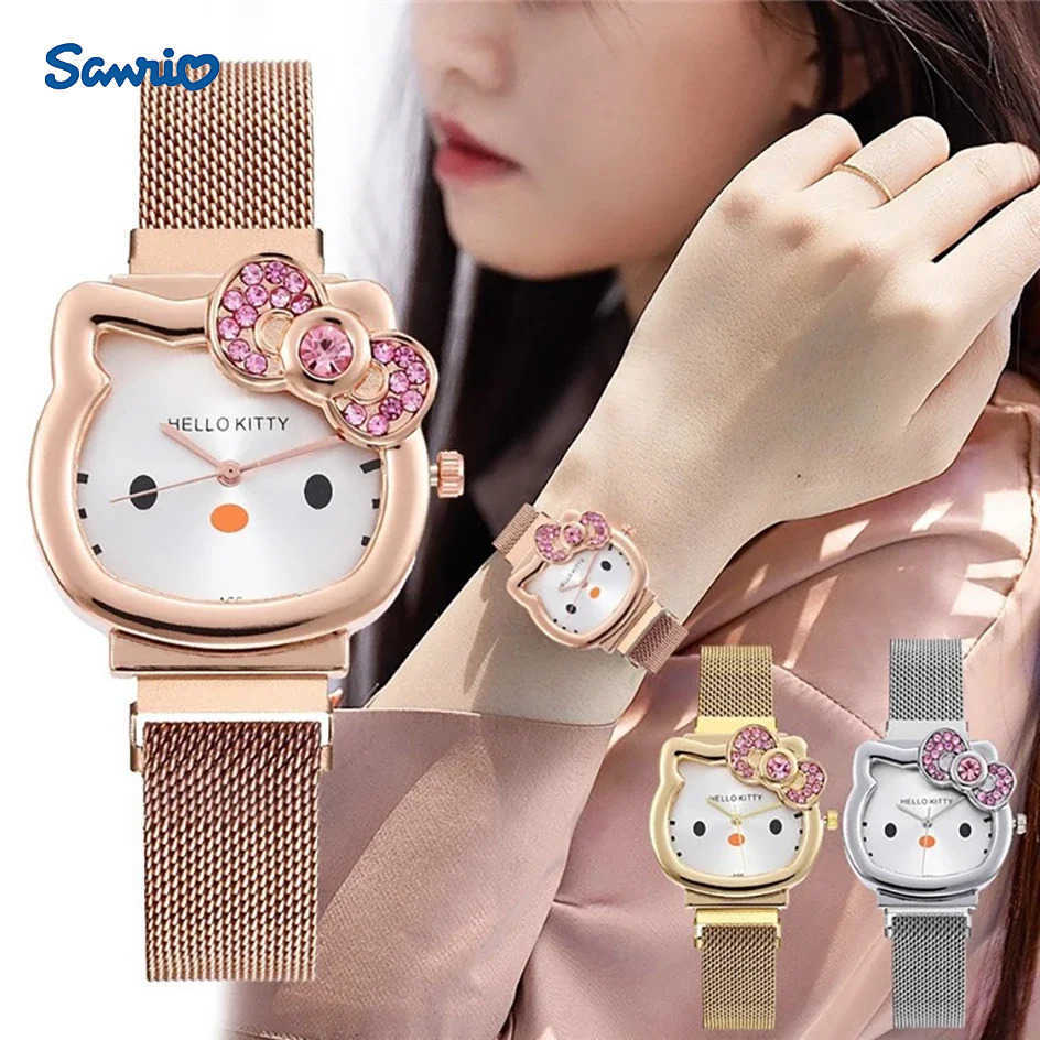 Sanrio Kawaii Hello Kitty Watch Metal Vintage Diamond Bow Ladies Watch Kawaii Girl Birthday Cartoon Anime Student Magnet Strap Gifts L251020
