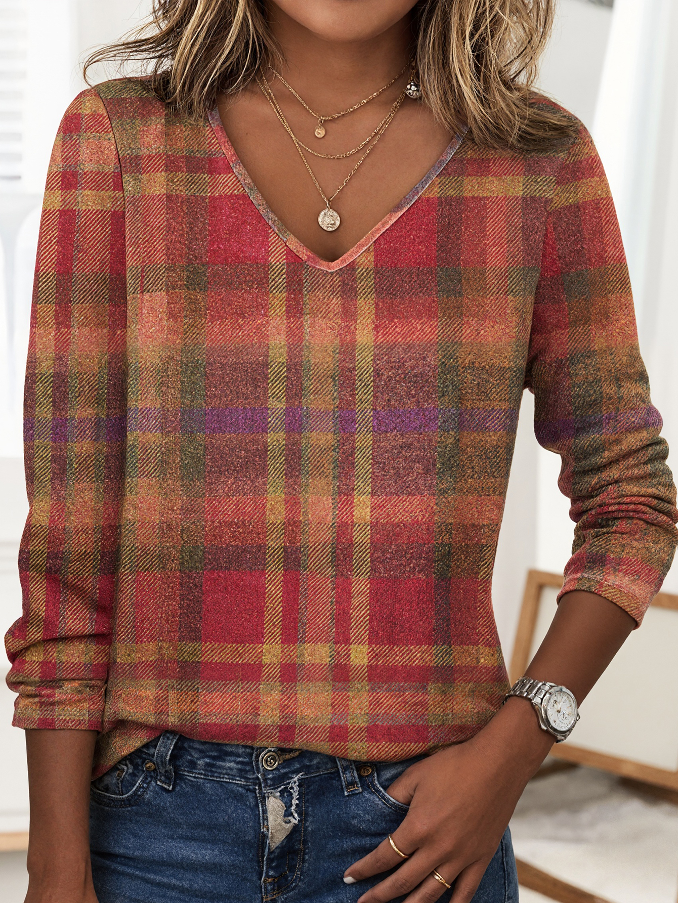 Women's Retro Plaid V-Neck Long Sleeve T-Shirt, Versatile Milk Silk Casual Top-CF40378