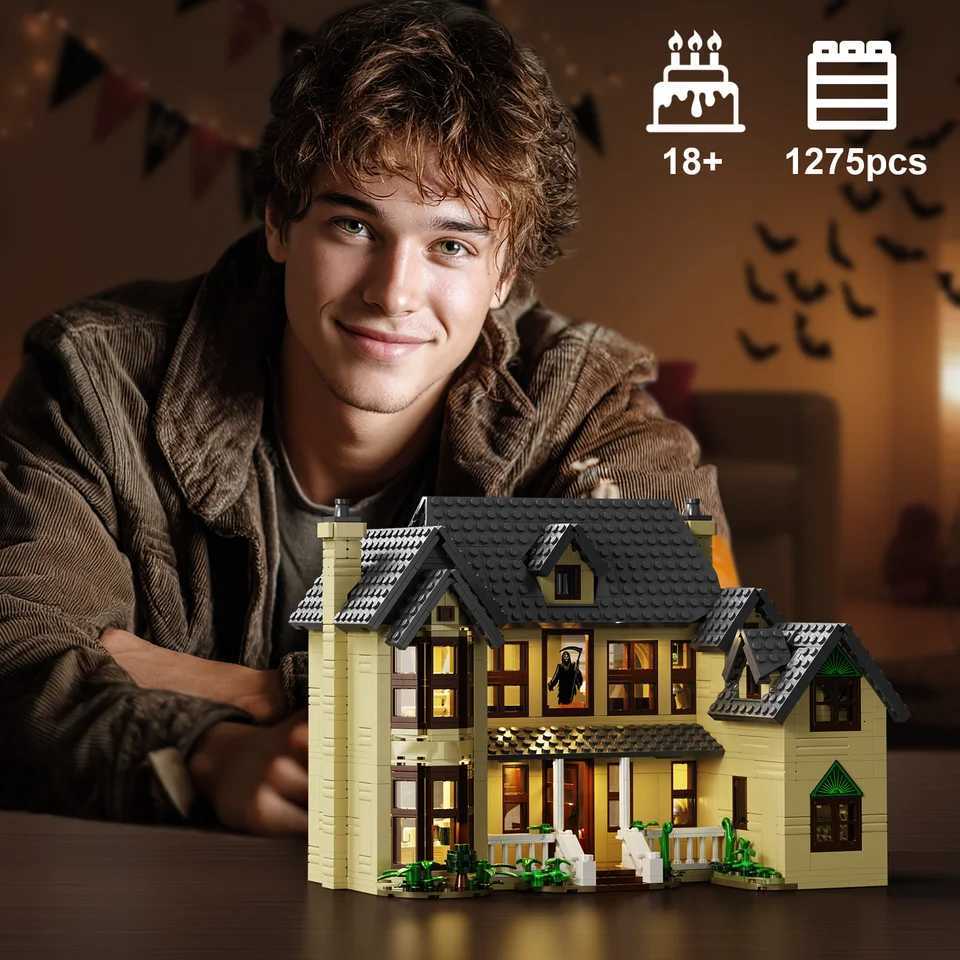 S Ghostface House Building Blocks Set with LED LightHalloween Decoration Gift for Adults Horror Film Fans1275PcsXJ251020