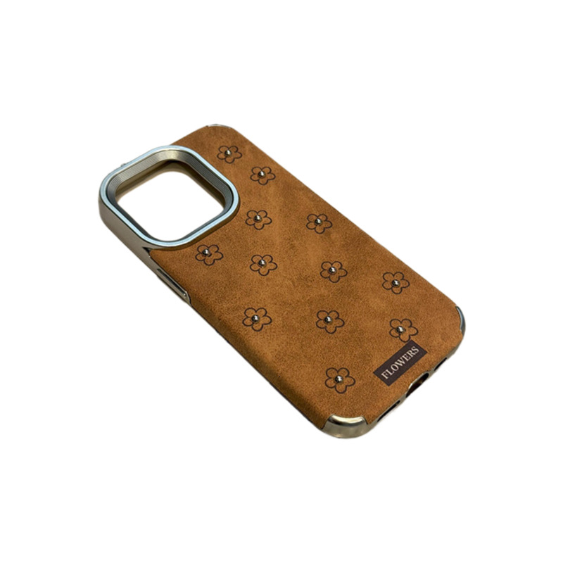 Autumn and Winter Brown Leather Three-Dimensional Flower Suitable for iphone 17promax Phone Case iPhone16 Anti-Fall 15/14