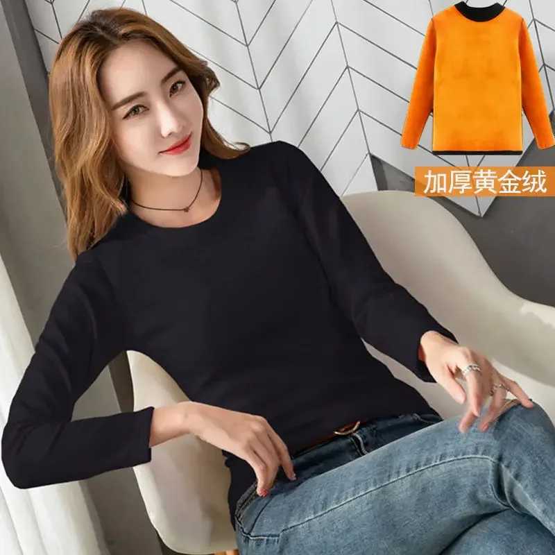 Winter Thermal Underwear Womens Thick Velvet Onepiece Tops Wear Autumn Clothes Midhigh Collar Bottoming ShirtT251020