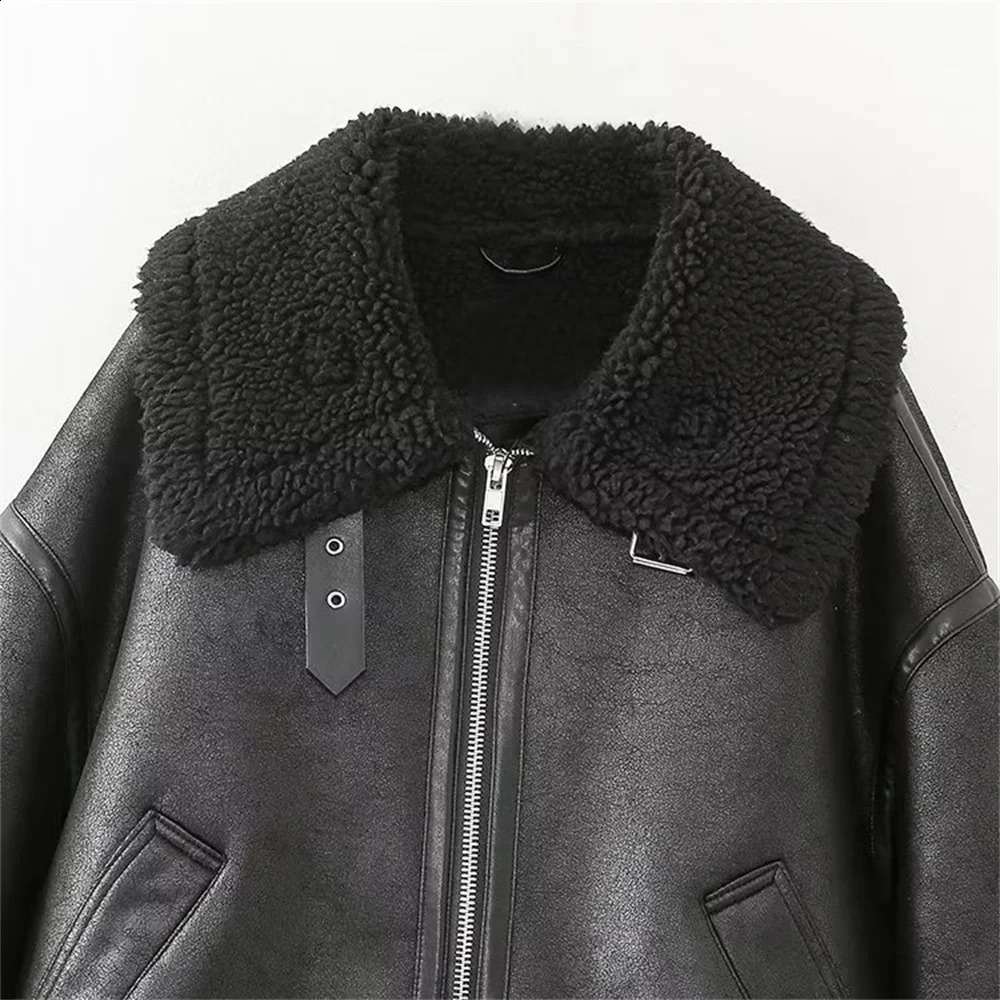 Womens Jacket with Collar Long Sleeve Zipper Pocket Double sided Motorcycle Style Spring 251021