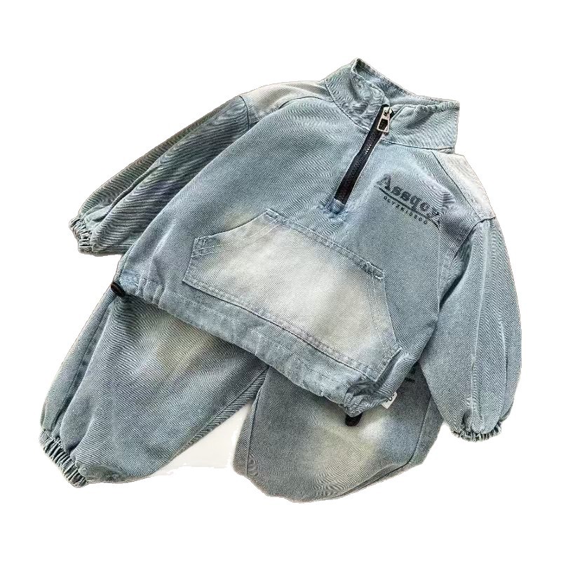 2025 New Hot selling Children's Clothing Autumn Boys' Baby Half Zipper Cowboy Hoodie Set Children's Leisure Sports Two piece Set