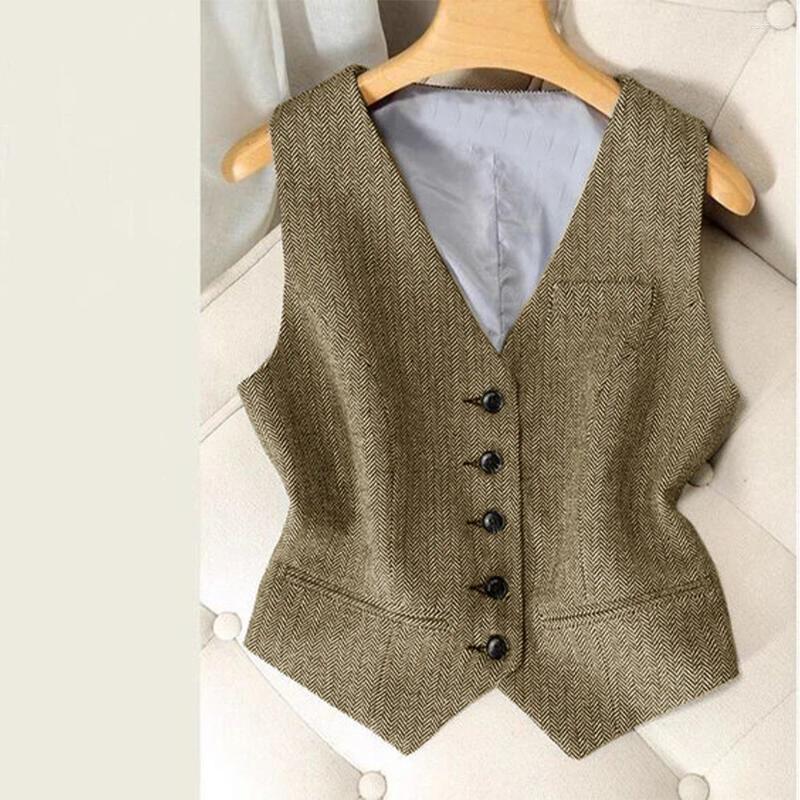 Women's Two Piece Pants Herringbone Vest Tweed Sleeveless Suit Coat V Neck Single Breasted For Women Waistcoat Jackets 2025 Tops Casual