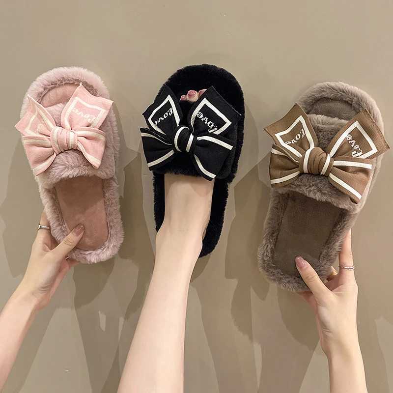Casual Fluffy Slippers Women House Flats Fashion Winter Bowknot Love Designer Shoes Ladies Home Plush Platform Elegant Footwear Z20251020