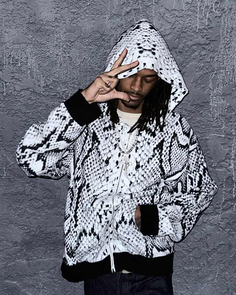 Y2K new Gothic black white snake pattern zipper men hoodie European American retro hiphop fashion high street hoodie W251020